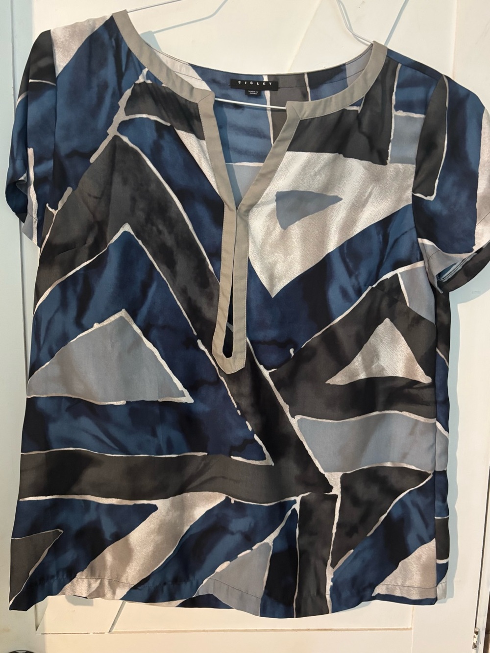 Sisley Abstract Geometric Print Short Sleeve Blouse Navy Black Gray